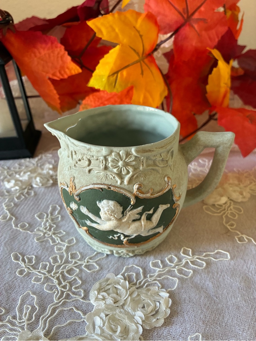 Vintage-Style Cherub Ceramic Pitcher in Sage Green